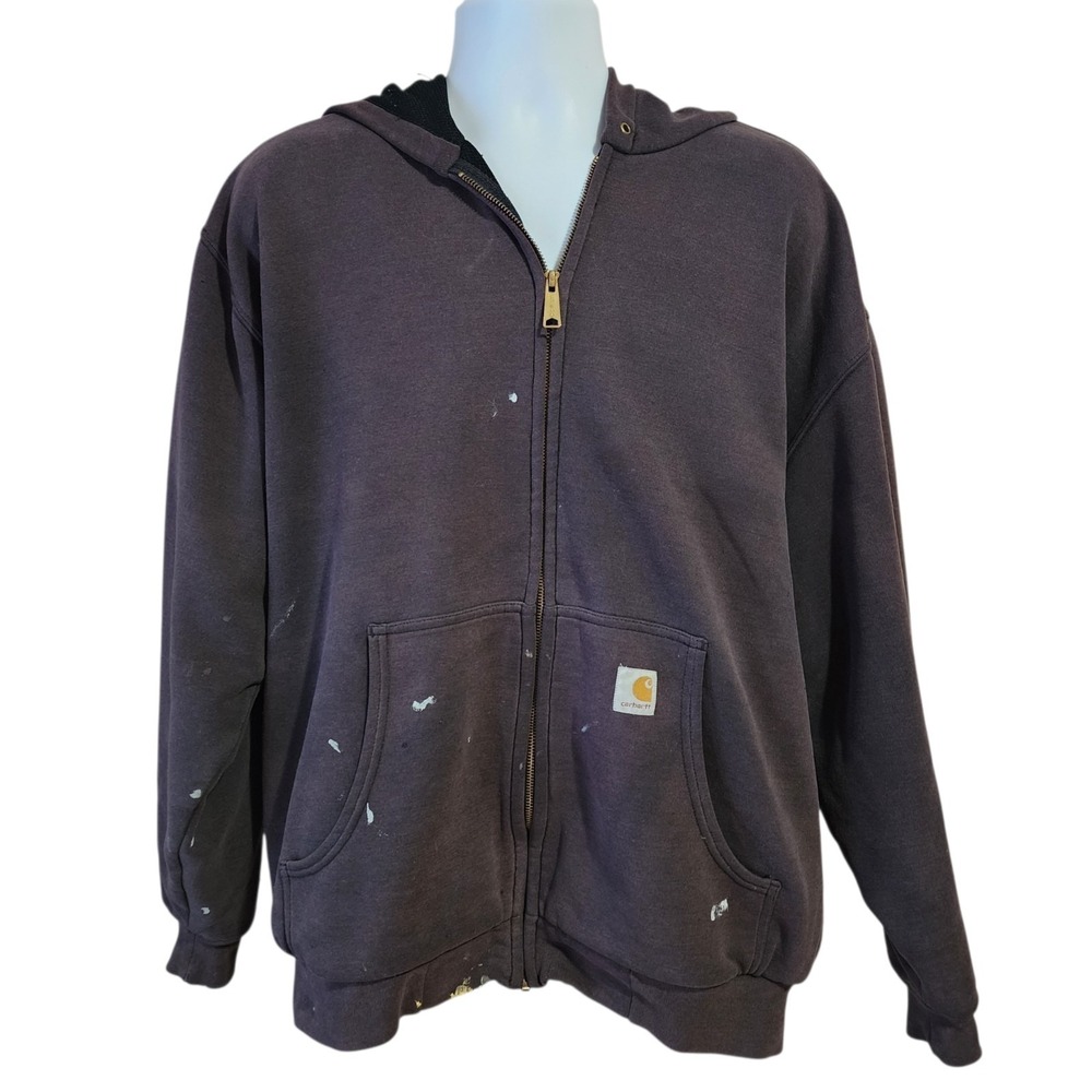 Carhartt Full Zip Hoodie Men's Large Black Work Jacket Paint Stains Distressed